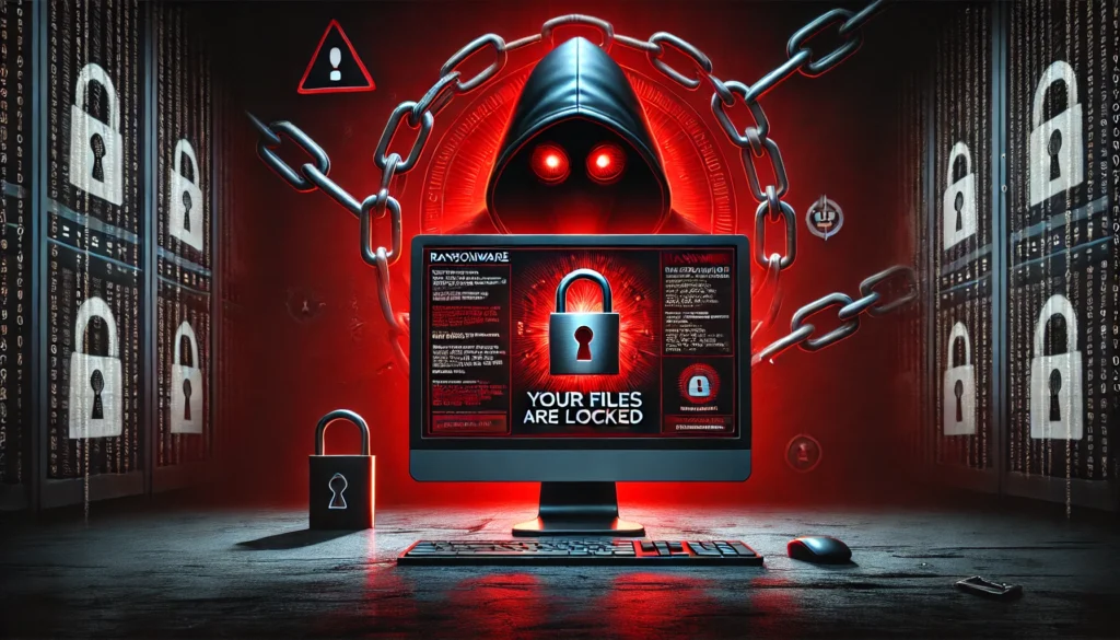 Depiction of ransomware inflicted on a computer