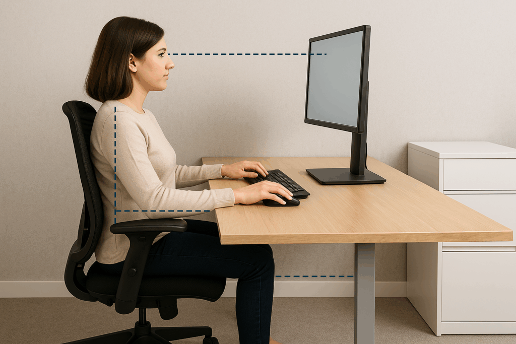 Žena sedí v ergonomické židli u počítače, udržuje správnou pozici těla a používá správně nastavené pracovní místo.