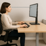 Žena sedí v ergonomické židli u počítače, udržuje správnou pozici těla a používá správně nastavené pracovní místo.